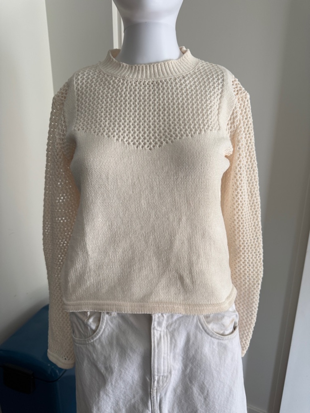 Zara Cream Open-Weave Crewneck Sweater